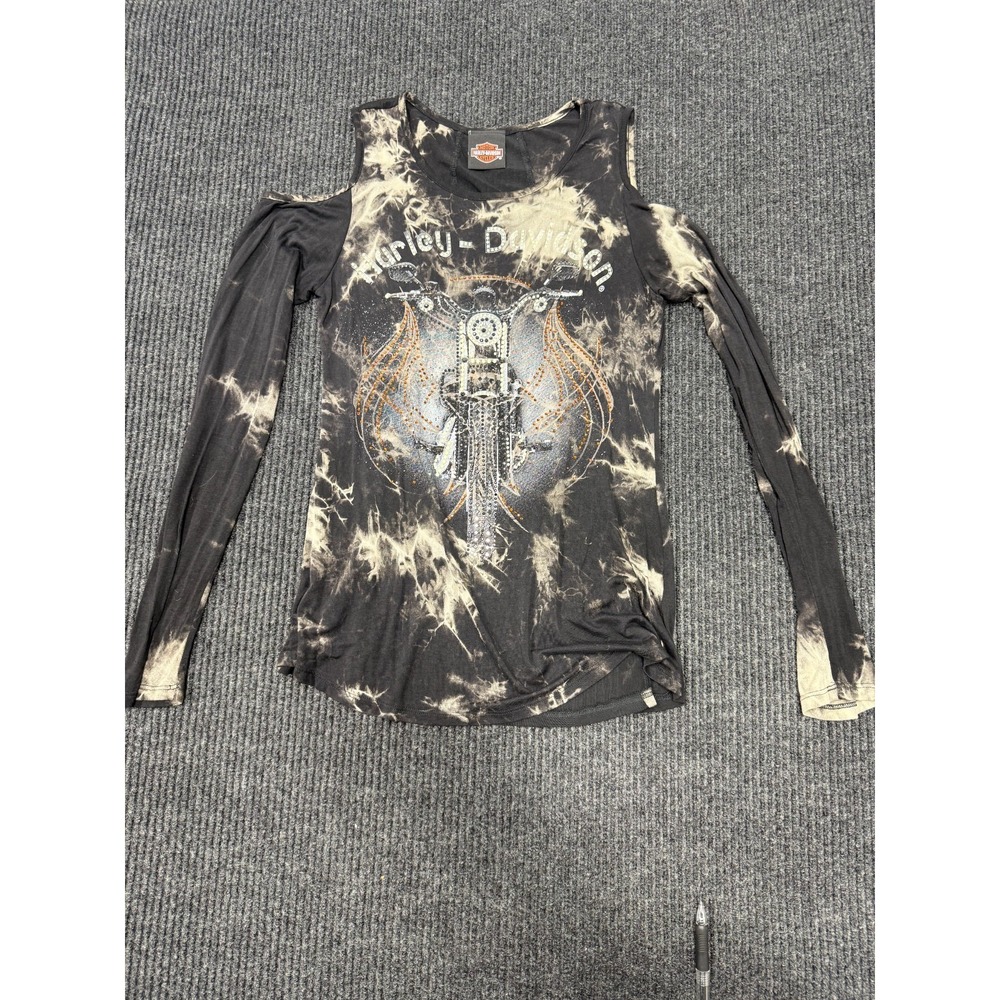 Harley Davidson Women's Cold Shoulder Shirt Rhinestone Motorcycle Acid Wash Top